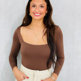 Women's Buttery Soft Bodysuit-Coffee Bean Details: Square Neckline Long Sleeve Snap Button Closure Thong Back