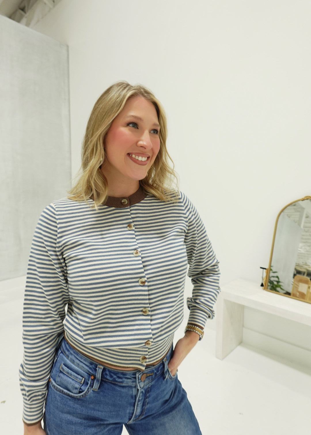 Homeroom Striped Cardi - Dusty Blue