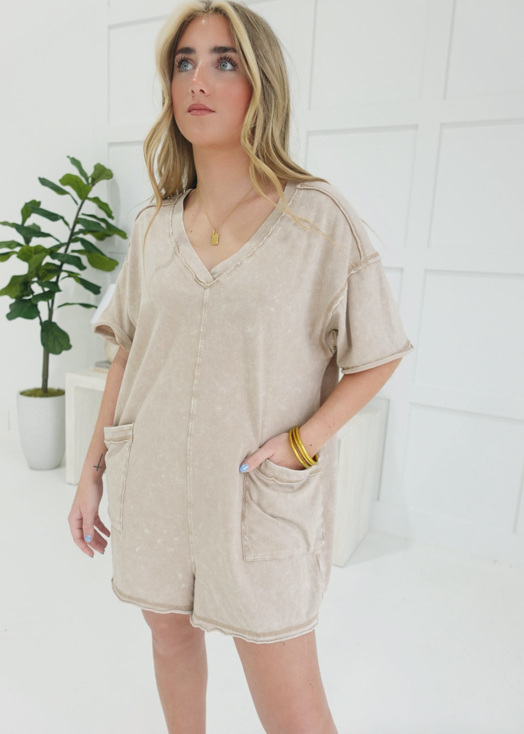 Easy Way Out Romper - Taupe