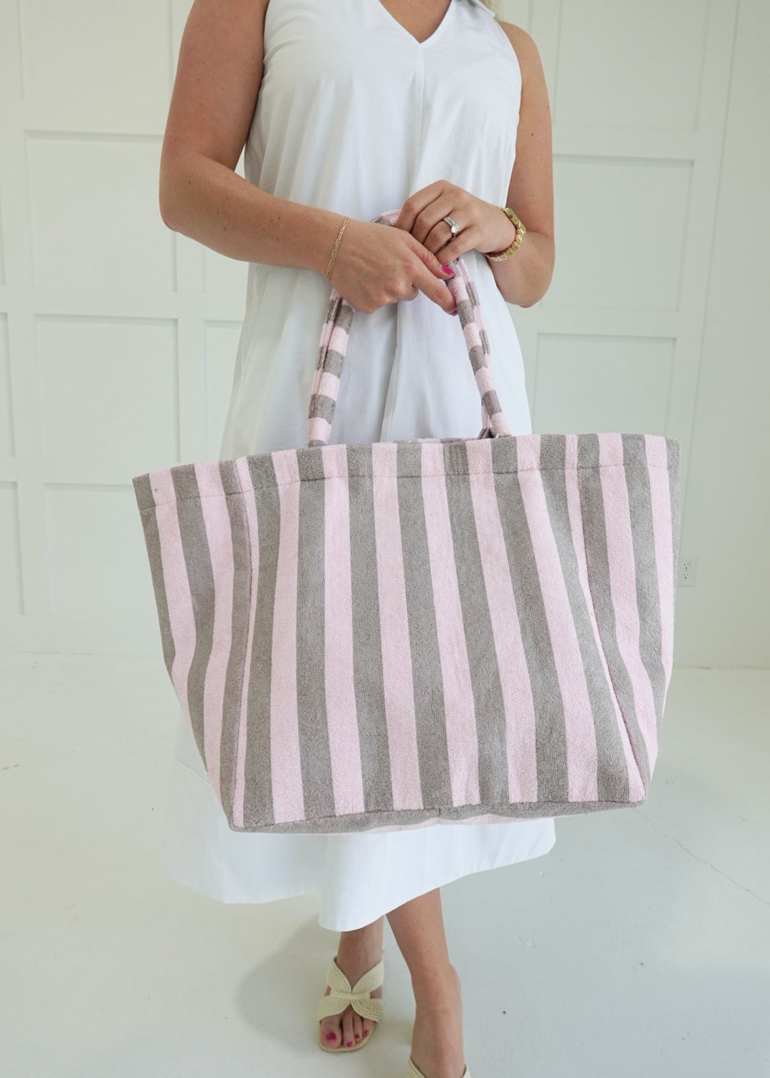 Striped Terry Tote Bag - Grey/Pink