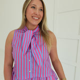 Kathleen Tie-Neck Top - Blue/Pink Stripe