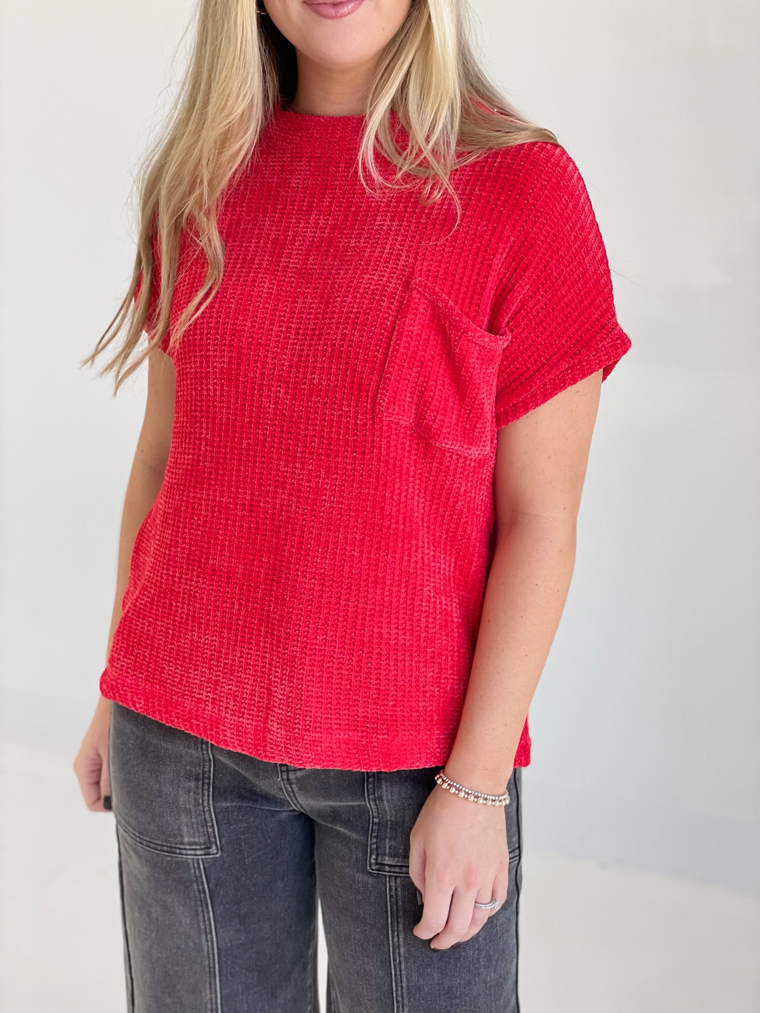 Chenille Short Sleeve Sweater - Ruby