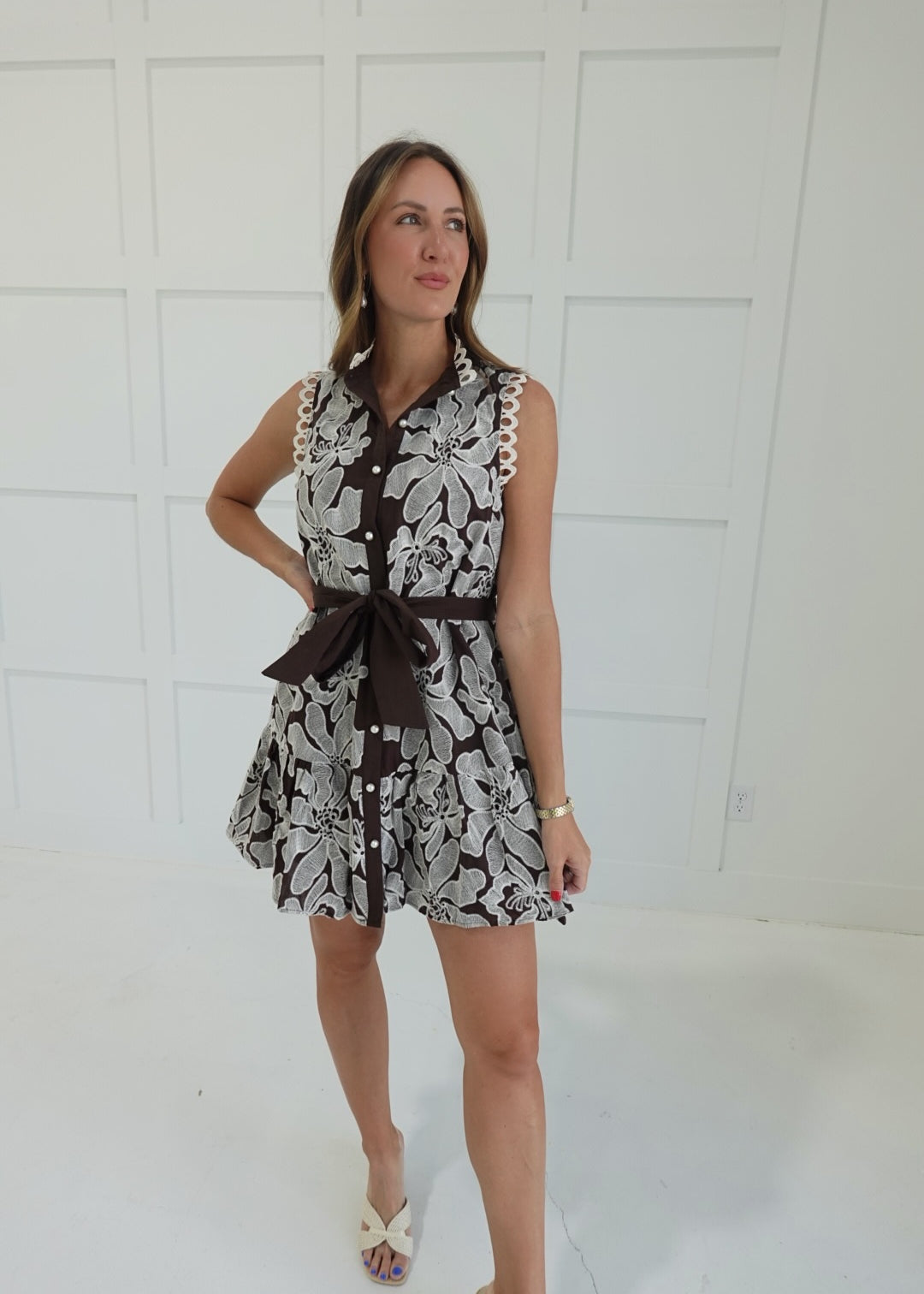 Mia Embroidered Mini Dress - Brown