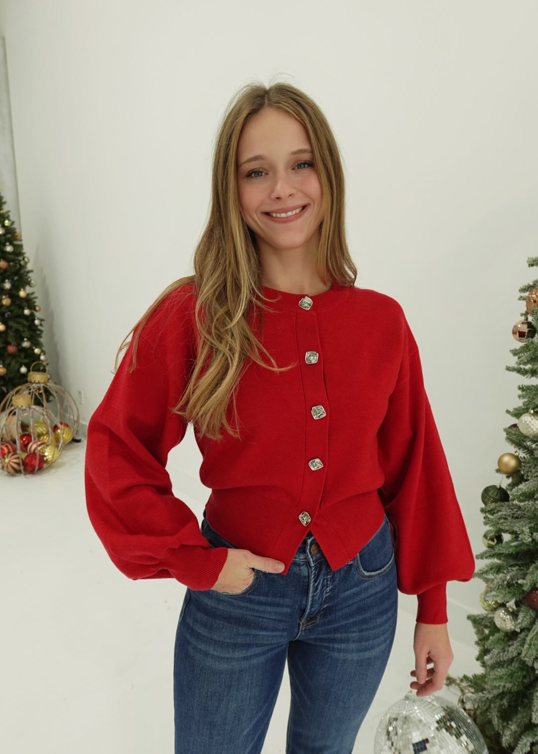 Alford Puff Sleeve Cardigan - Red