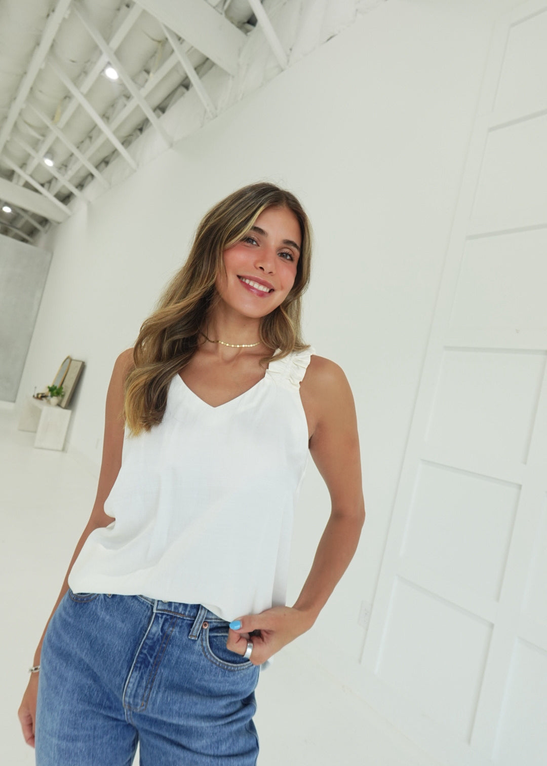 Hint of Ruffle Tank - Off White