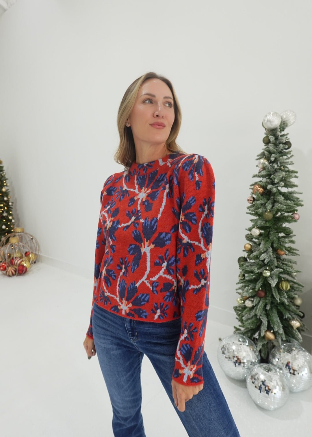 The Gene Floral Sweater - Red Navy
