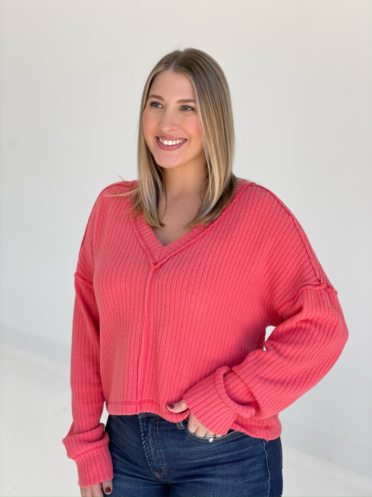 Softer V Neck Sweater - Coral *CM