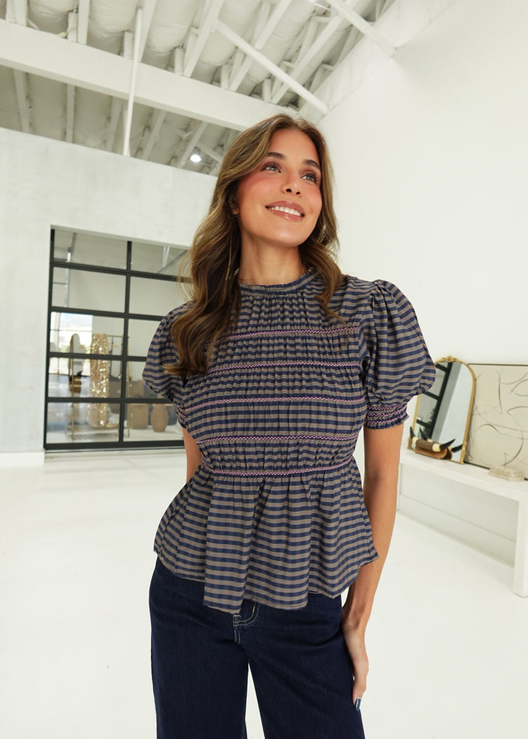 Joan Smocked Top - Navy
