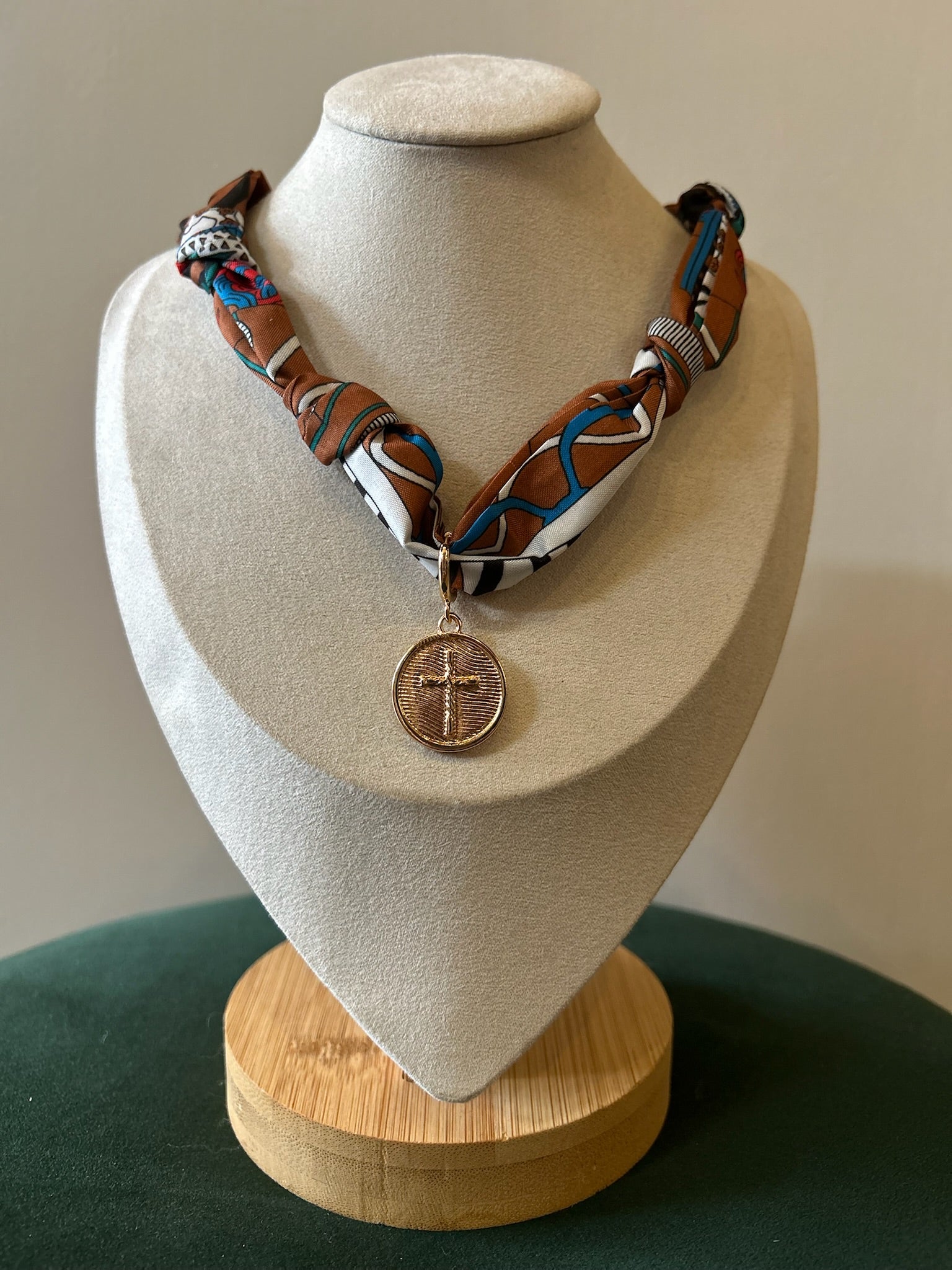 Scarf Necklace - Coin Cross Charm
