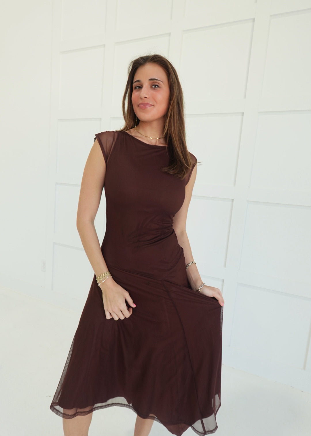 Meshing Around Midi Dress - Brown