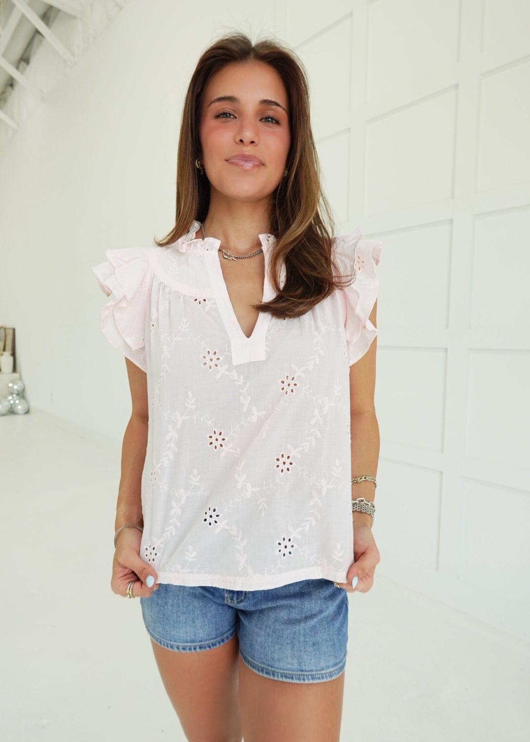 Liliana Eyelet Top - Baby Pink