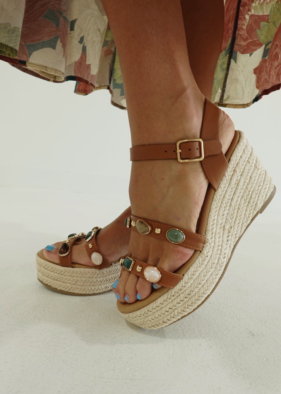 Bejeweled Espadrille Wedge - Tan