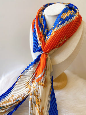 Pleated Floral Chain Print Neck Scarf - Royal Blue/Ivory