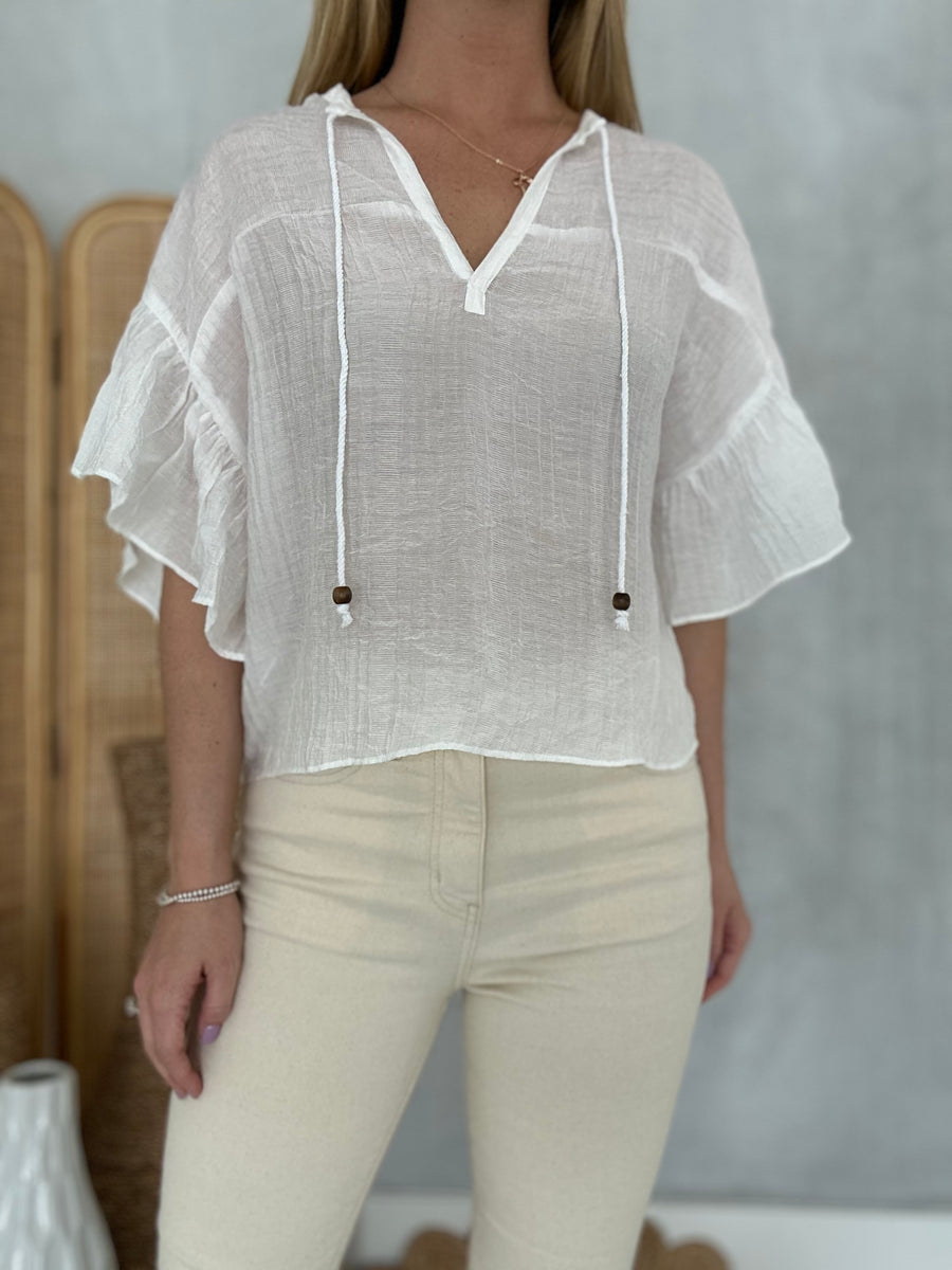 Mia Ruffle Sleeve Top - White