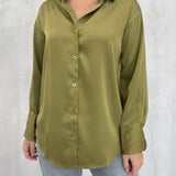 Satin Button Down Blouse - Olive