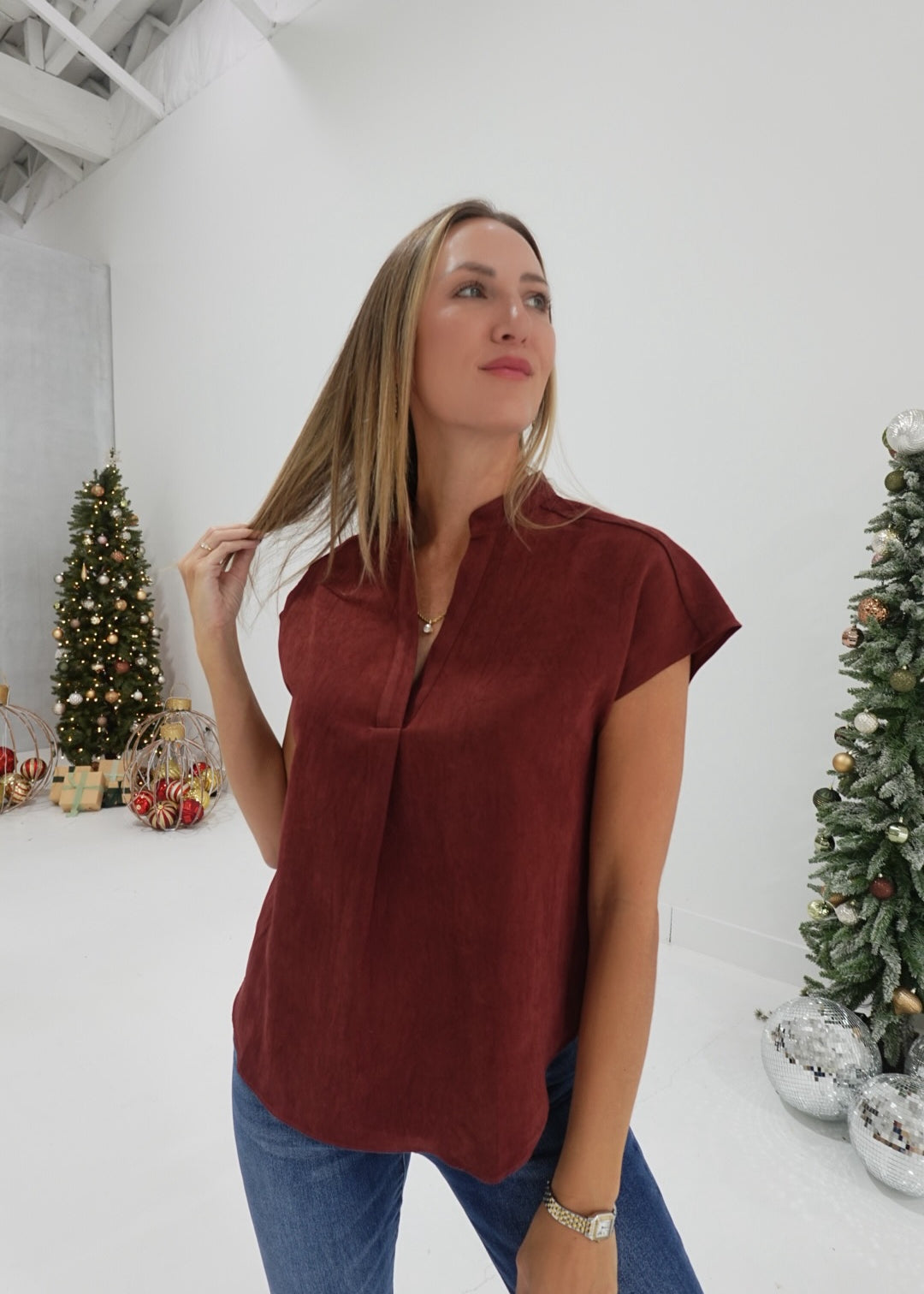 Chasity Split Neck Top - Deep Rust
