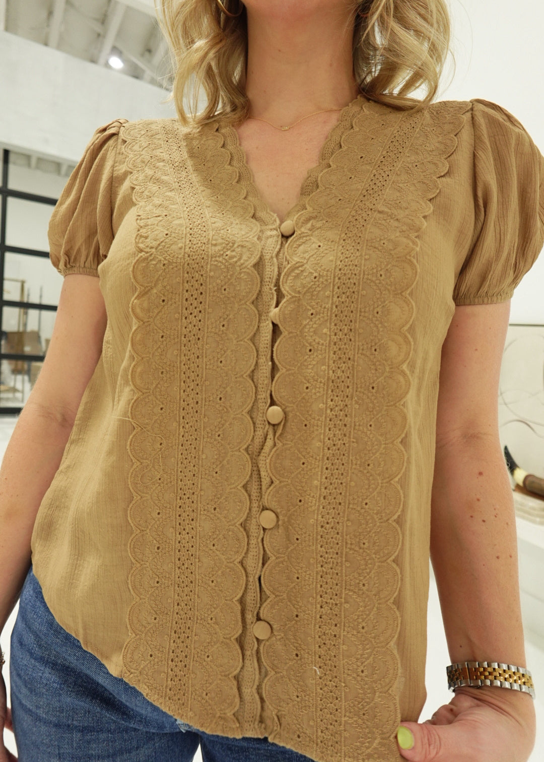 Tuck Puff Sleeve Top - Brown