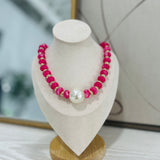 Pearl Pendant Beaded Necklace - Fuchsia