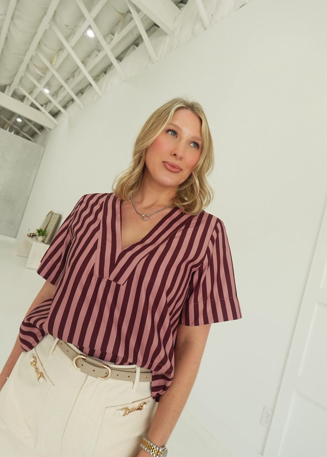 Merger Striped Top - Burgundy/Dusty Rose