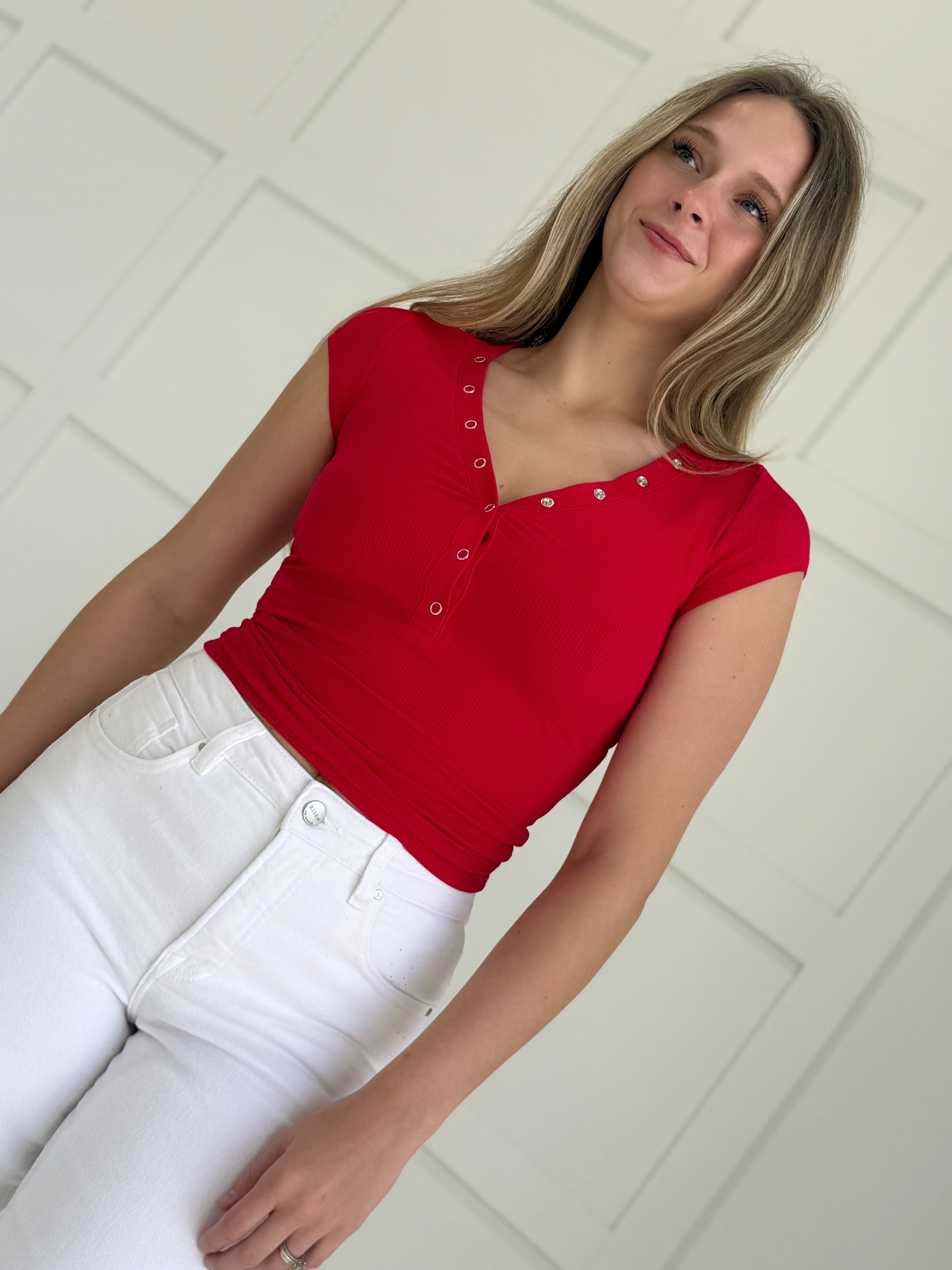 Hartley Half-Button Top - Red