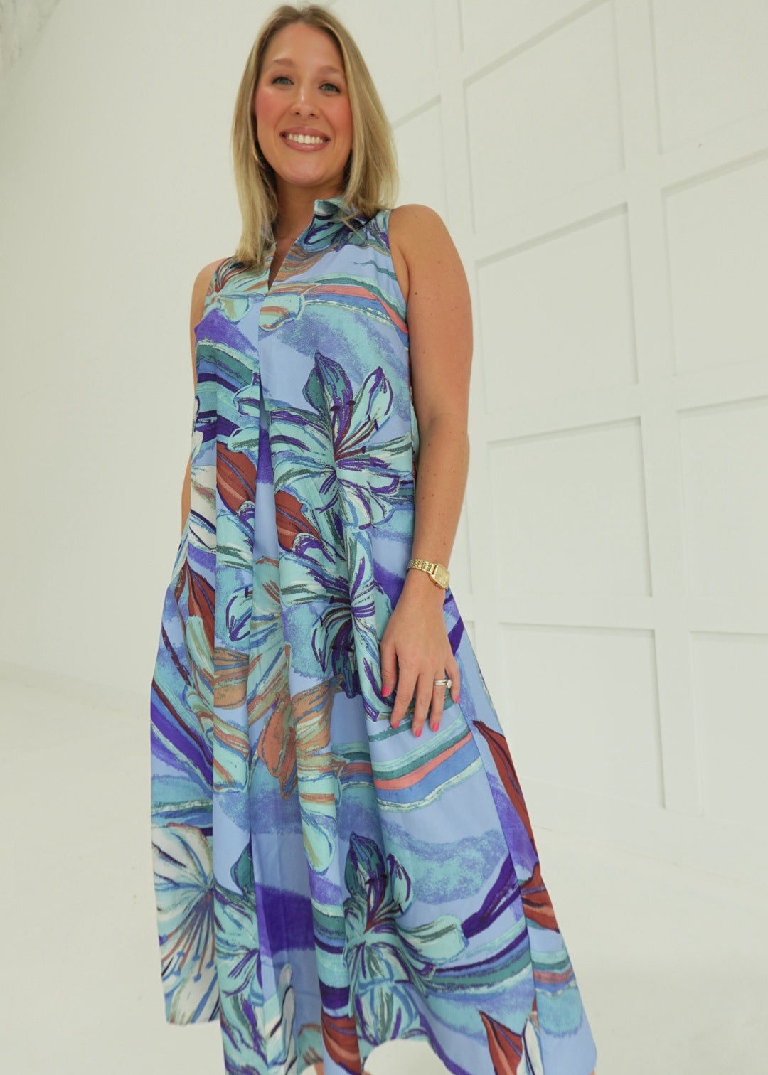 Holiday Palms Midi Dress - Blue