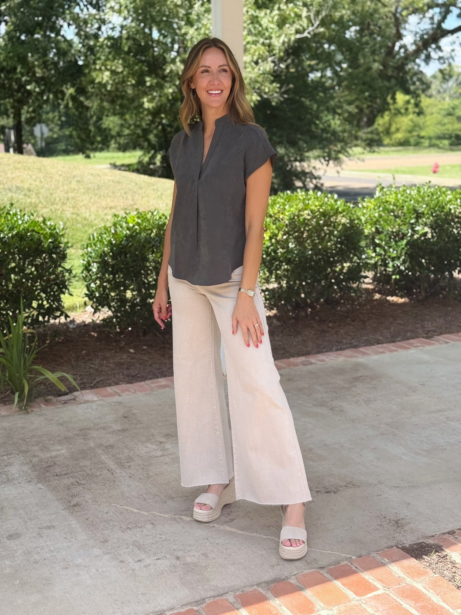 Chasity Split Neck Top - Charcoal