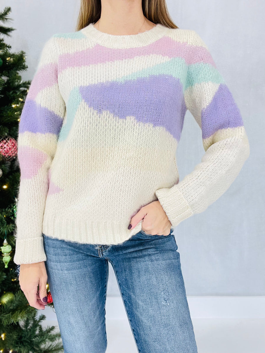 The Waves Sweater - Ivory Lavender Abstract Multi Color Sweater Ribbed Crewneck, Long Sleeve Relaxed Fit Ribbed Neckline, Cuffs, + Hem