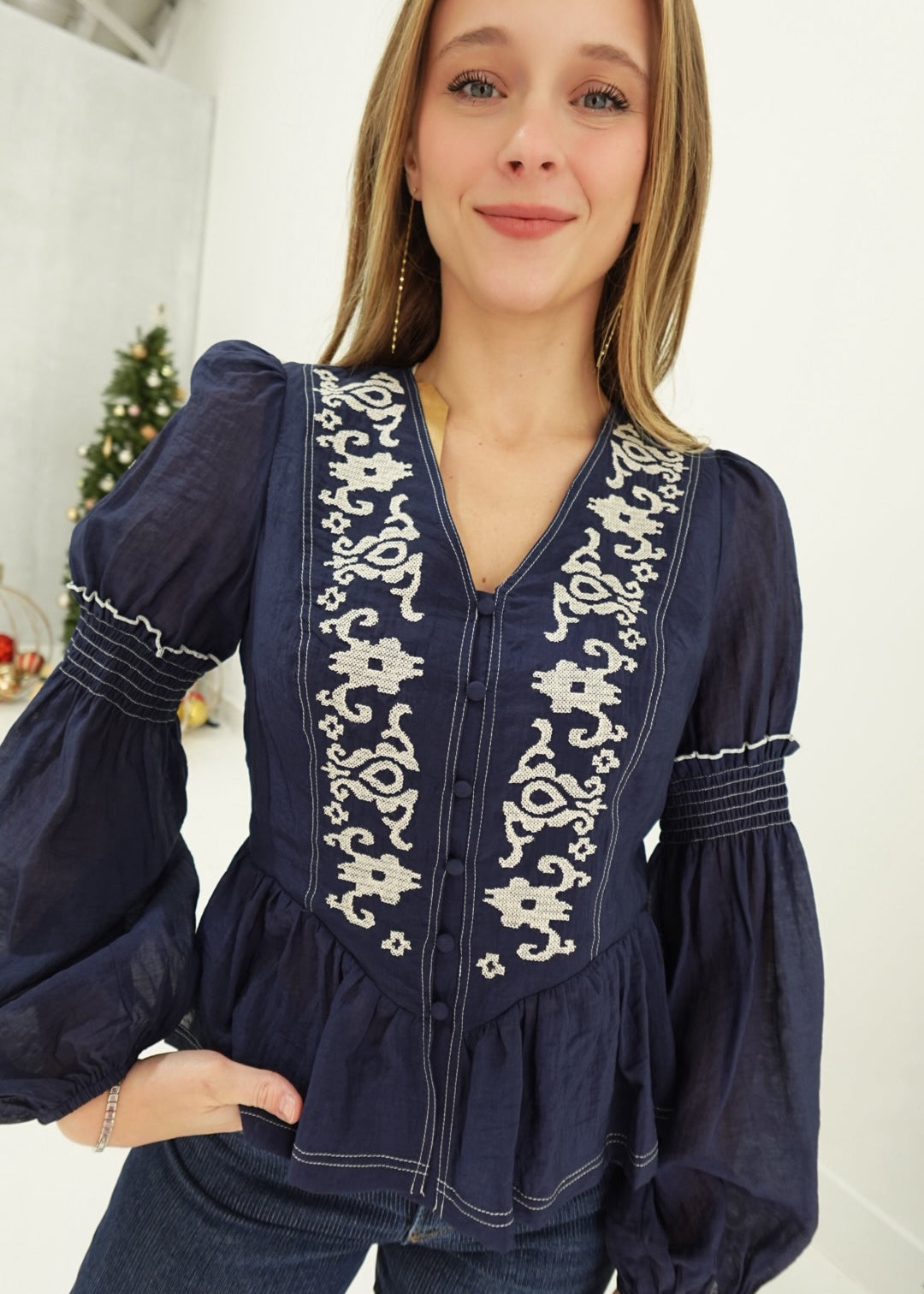 Ember Embroidered Top - Navy