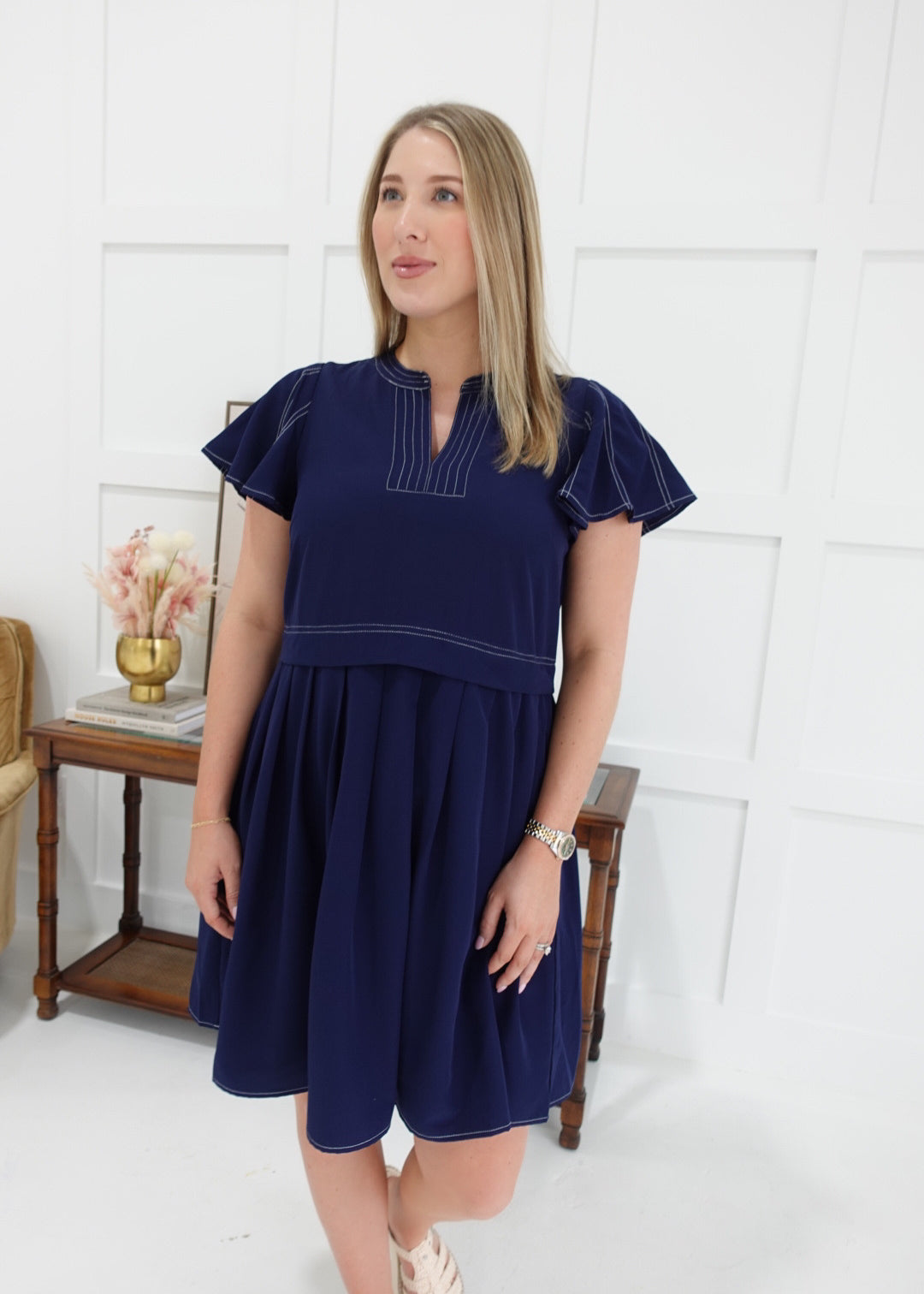 Marina Pleated Dress - Navy