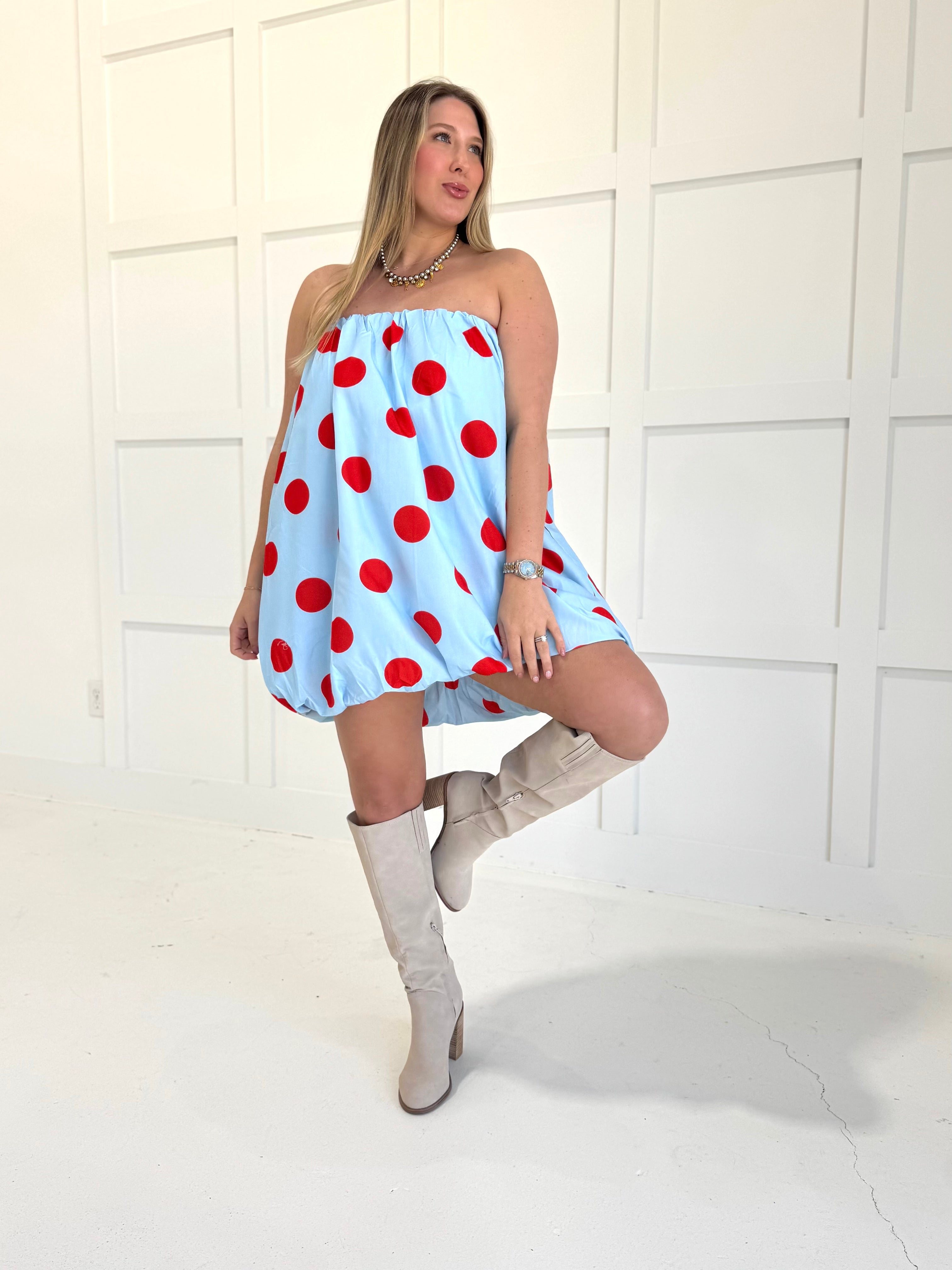 What A Doll Mini Dress - Lt Blue/Red