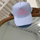 Day Drinking Hat - Blue Stripe, Pink Writing