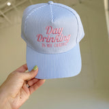 Day Drinking Hat - Blue Stripe, Pink Writing