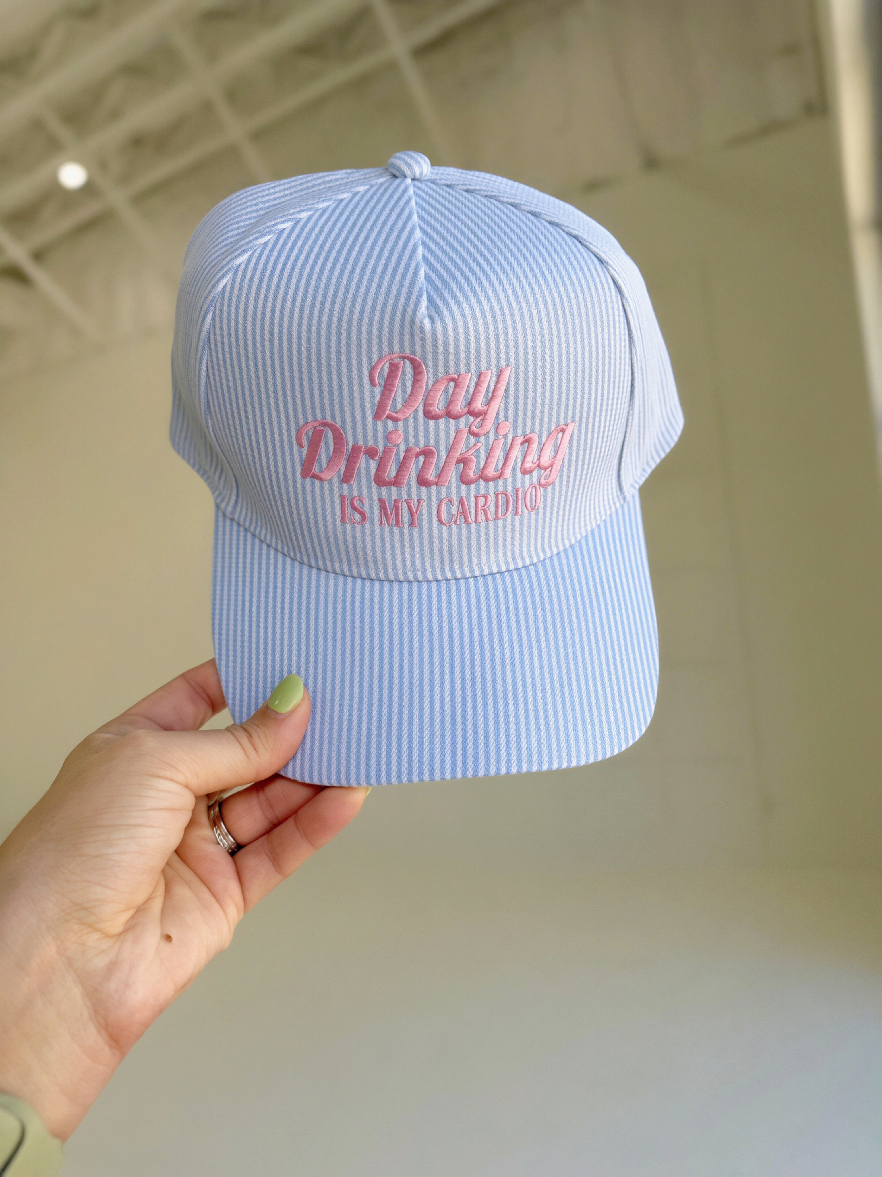 Day Drinking Hat - Blue Stripe, Pink Writing
