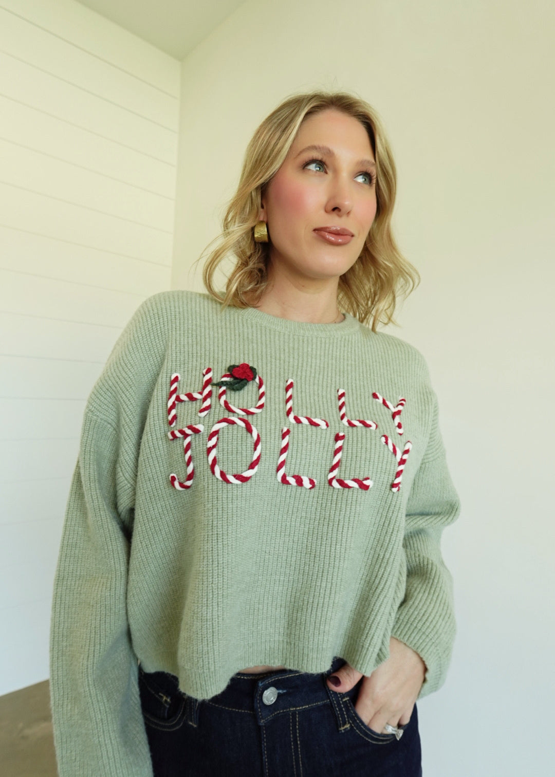 Holly Jolly Cropped Sweater - Lt Green